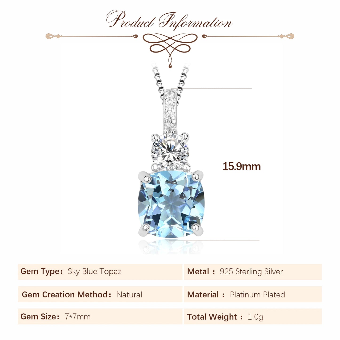 Dear Love Necklace
Potiy Cushion Natural Sky Blue Topaz 925 Sterling Silver