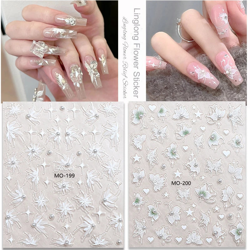 3D Nail Sticker White Pearls Half Transparent Flower