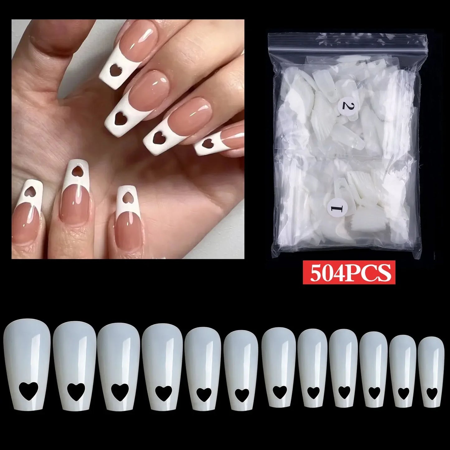 Heart Hollowed-out False Nails 504pc/Pack