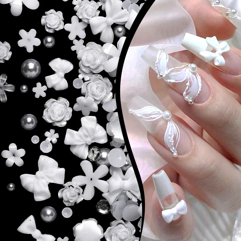 100/200pcs 3D Mixed Nail Decorations Kawaii Heart Flower Bear Pearl Design Rhinestone Nail Art Charms Jewelry Manicure Accessory