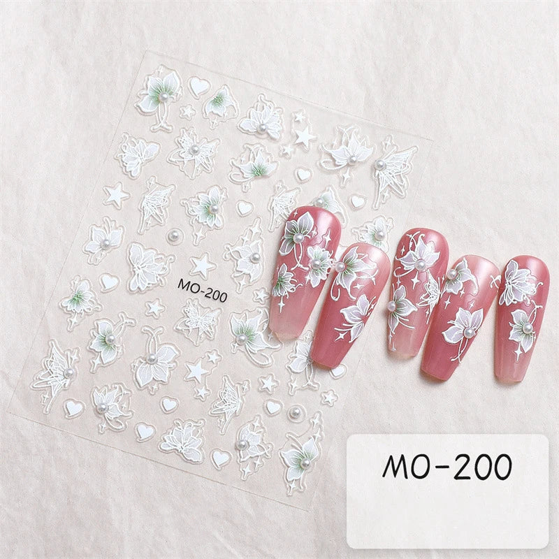 3D Nail Sticker White Pearls Half Transparent Flower