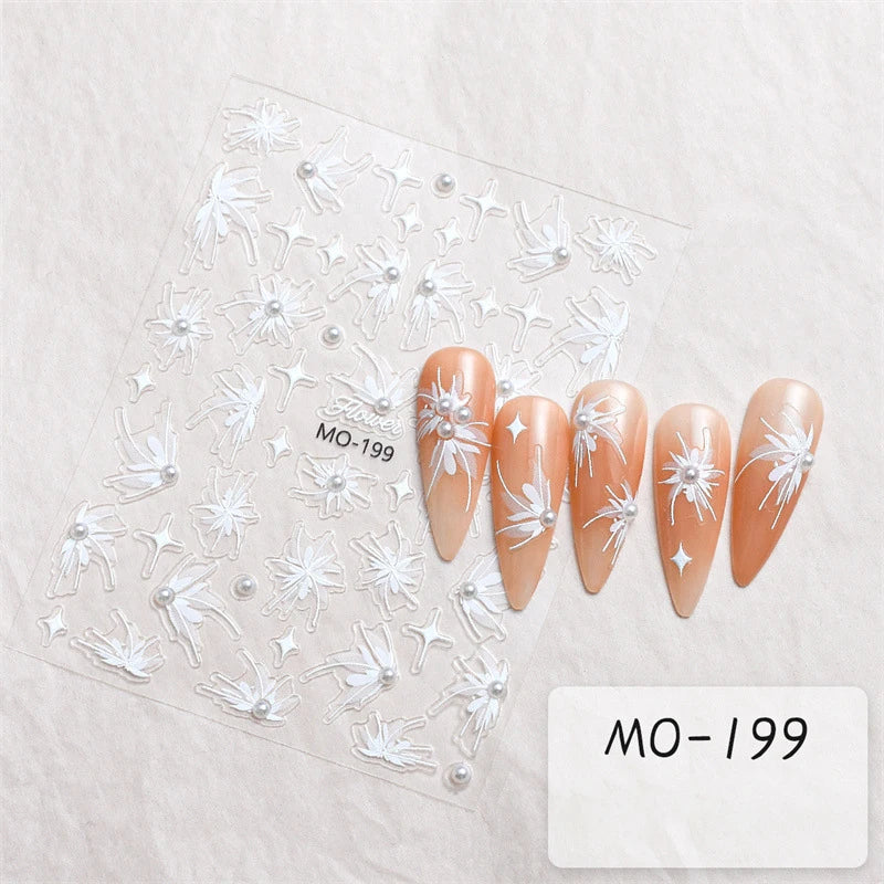 3D Nail Sticker White Pearls Half Transparent Flower