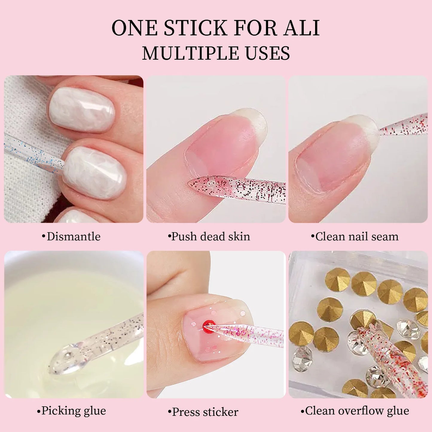 100Pcs Reusable Crystal Glitter Stick Double End Nail Art Cuticle Pusher Remover