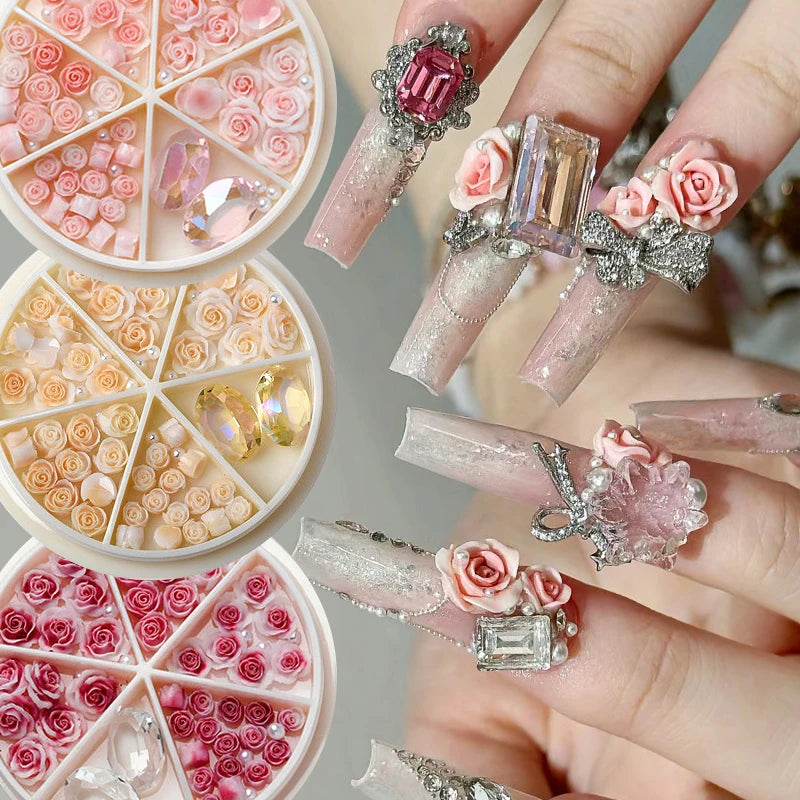 3D Pink Rose Flower Nail Rhinestones