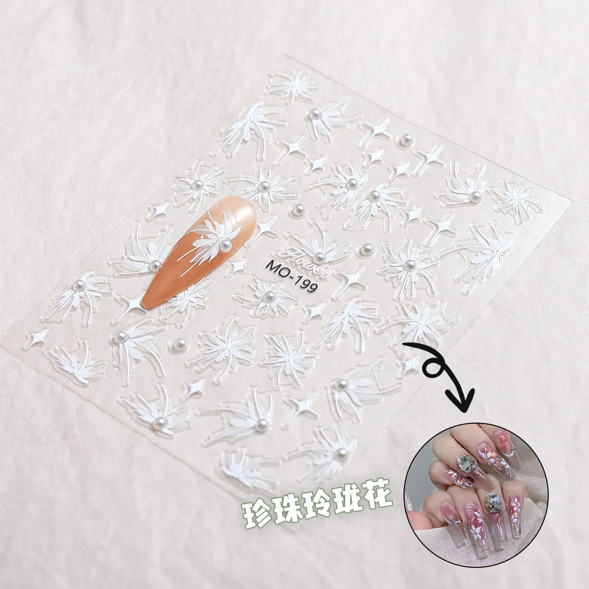 3D Nail Sticker White Pearls Half Transparent Flower