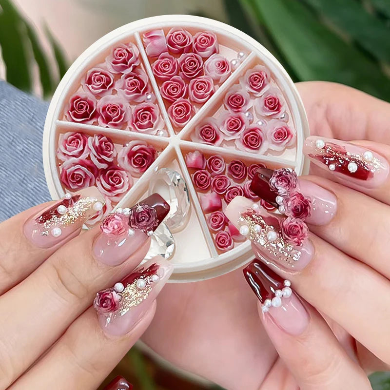 3D Pink Rose Flower Nail Rhinestones