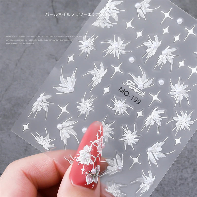 3D Nail Sticker White Pearls Half Transparent Flower