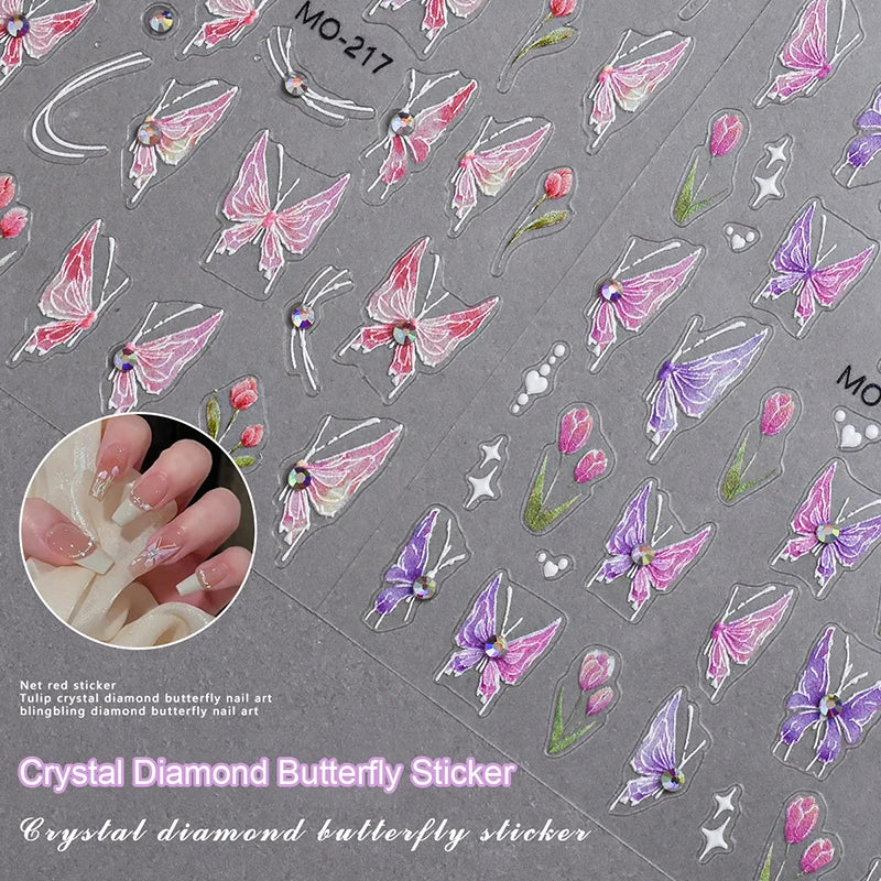 3D Relief Stickers  Pink Purple Tulip Flowers Sparkling Diamond