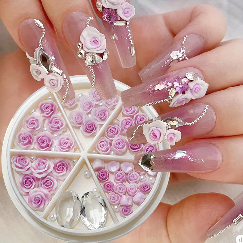 3D Pink Rose Flower Nail Rhinestones