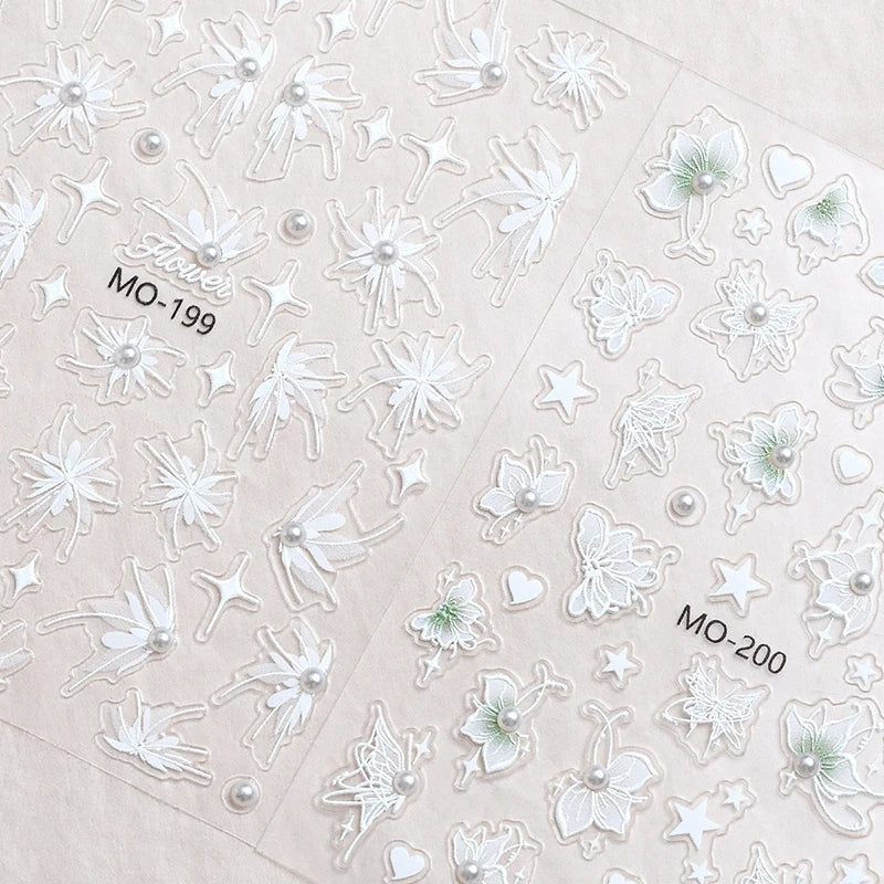 3D Nail Sticker White Pearls Half Transparent Flower