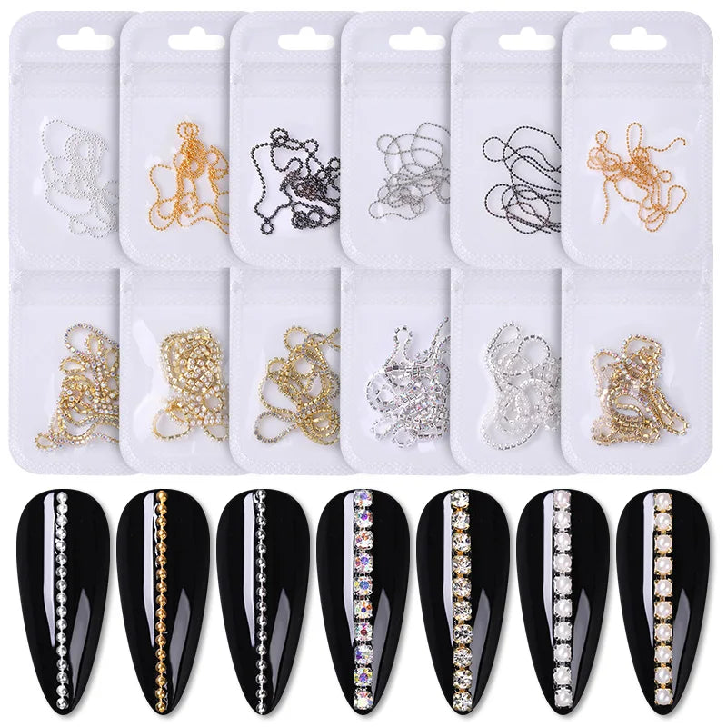 Rhinestones Nail Chain Gold Silver