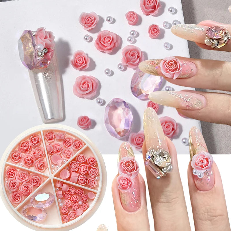 3D Pink Rose Flower Nail Rhinestones