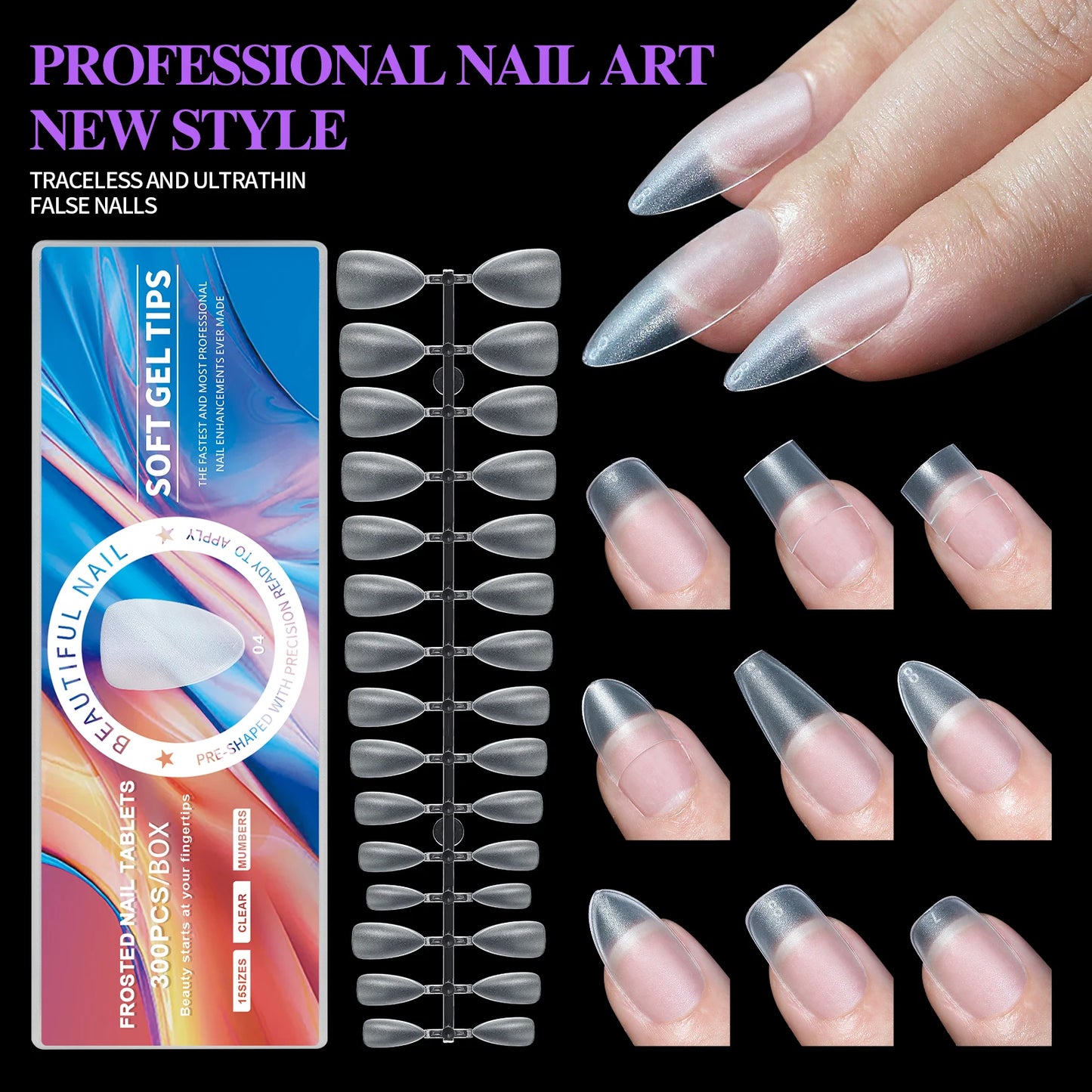 300 pcs/Boxed Ultrathin Frosting False Press On Acrylic Nails 15 Sizes  Almond